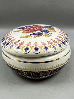 Ethan Allen 7.5” Flowers Floral Gold Gilded Oval Lidded Trinket Box Red Blue 379